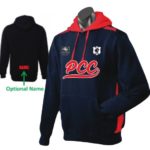 Paracombe Cricket Club navy hoody with red contrast panels and hood lining, front view