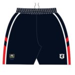 Paracombe Cricket Club navy playing short with red and white side stripes and club crest, front view
