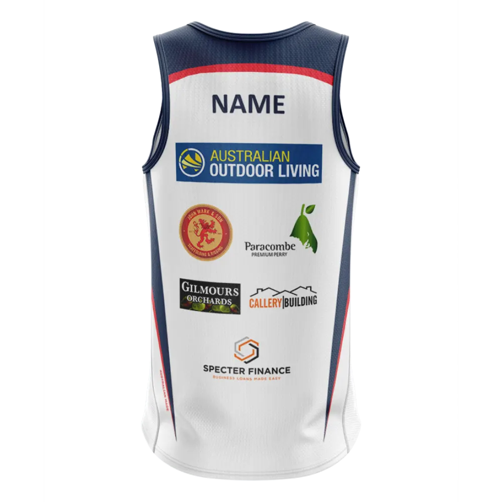 Back of the Paracombe Cricket Club mens training singlet showing player name and sponsor logos