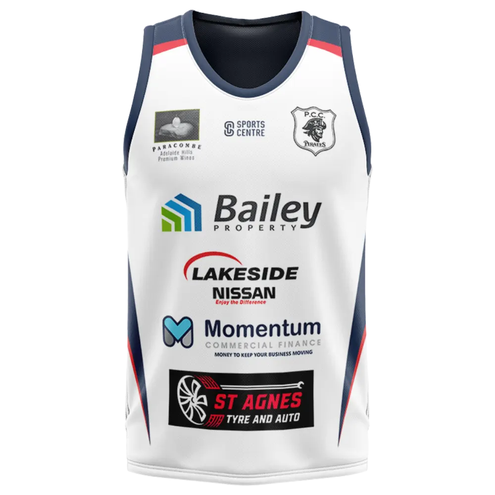 Paracombe Cricket Club mens training singlet in white and navy with sponsor logos, front view