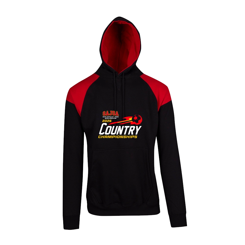 SAJSA Country Championships 2026 event hoodie front - Black/Red Ramo F303HP hoodie with contrast shoulder panels, kangaroo pocket and event logo
