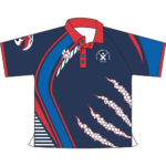 Navy Clare Combined Cricket Club casual polo front view with red collar, royal blue graphics and club crest on the chest