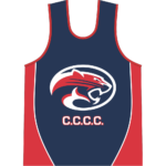 Navy and red Clare Combined Cricket Club singlet front view with Cougars crest and C.C.C.C. print