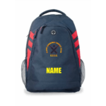 Navy and red Clare Combined Cricket Club backpack with embroidered club logo on the front pocket