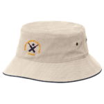 Natural and navy Clare Combined Cricket Club bucket hat with embroidered club logo on the side
