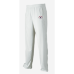Clare Combined Cricket Club white cricket pants with embroidered club logo on the thigh