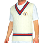 Cream cable knit Clare Combined Cricket Club cricket vest with navy and red V neck trim and embroidered club logo