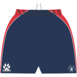 Front view of navy and red Clare Combined Cricket Club training shorts with Cougars and club logos on the legs