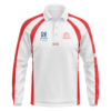 South Augusta CC long sleeve playing polo in white with red raglan panels and club logo, front view
