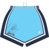 Front of the Barmera Lakers Basketball Club womens playing short in sky blue with navy side panels, white trim and the Lakers logo on the left leg