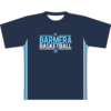 Front of the navy Barmera Lakers Basketball Club warm up top with a round neck, sky blue side panels and the sublimated Barmera Basketball logo on the chest