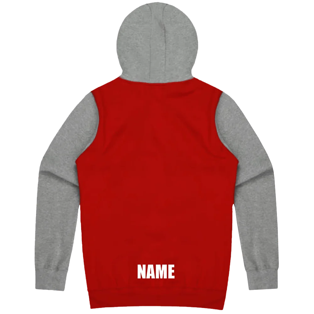 Back of the SSWA Triathlon 2026 event hoodie in red with grey sleeves and hood and a personalised name print in white