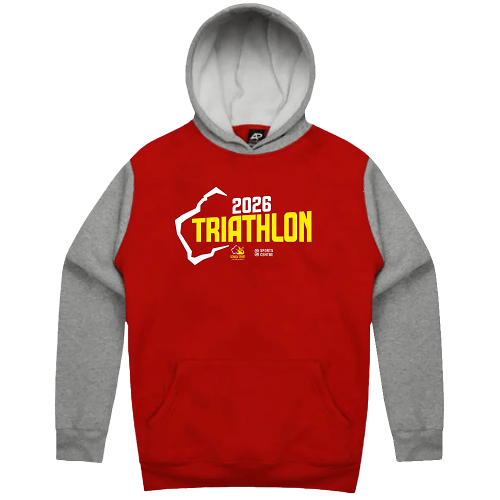 Front of the SSWA Triathlon 2026 event hoodie in red with grey sleeves and hood and the 2026 Triathlon chest print in white and yellow