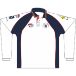 White and navy Clare Combined Cricket Club long sleeve playing polo front view with club crest and sponsor prints on the sleeves
