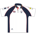 White and navy Clare Combined Cricket Club playing polo front view with club crest and sponsor prints on the sleeves