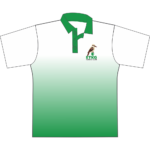 ETKG Polo front view in white and green fade with East Torrens Kensington Gardens Tennis Club kookaburra logo on the left chest