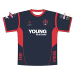 Eyre Royals Cricket Club Training Top in navy and red with club logo and sponsor branding, front view