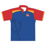 Port Augusta Basketball Association polo front, royal blue with red and gold inset shoulders and club logo at the left chest