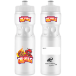 Port Augusta Devils basketball water bottle, clear squeeze bottle with full-colour Devils logo printed on the front and the write-on name panel and Sports Centre branding at the back.