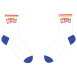 Port Augusta Devils white crew sock with royal blue heel and toe, Devils logo and red and gold cuff stripes