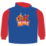 Port Augusta Devils hoody front, royal blue with red sleeves and hood and the full-colour Devils logo on the chest