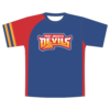 Port Augusta Devils warm up tee front, royal blue with red side panels and the full-colour Devils logo across the chest
