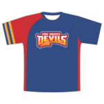 Port Augusta Devils warm up tee front, royal blue with red side panels and the full-colour Devils logo across the chest