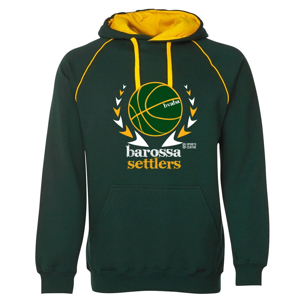 Barossa Settlers Basketball Club bottle green hoodie with gold contrast hood lining and drawcords and the club basketball logo embroidered across the chest