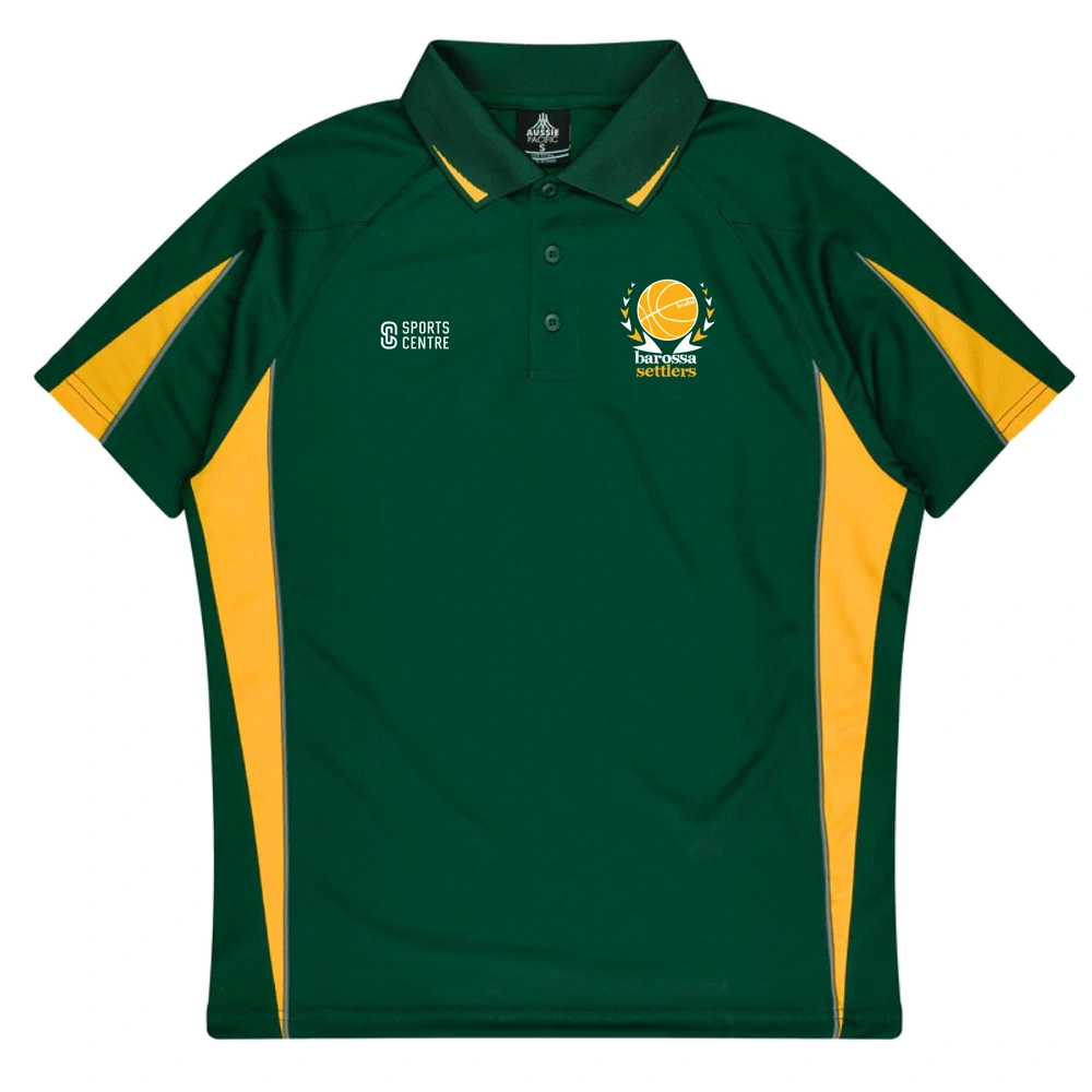 Barossa Settlers Basketball Club bottle green polo with gold contrast side panels and collar trim and the club basketball logo embroidered on the chest