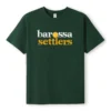 Barossa Settlers Basketball Club bottle green tee with the club wordmark screen printed in white and gold across the chest