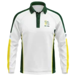 Sevenhill Cricket Club long sleeve polo front view with club logo and green and gold side panels