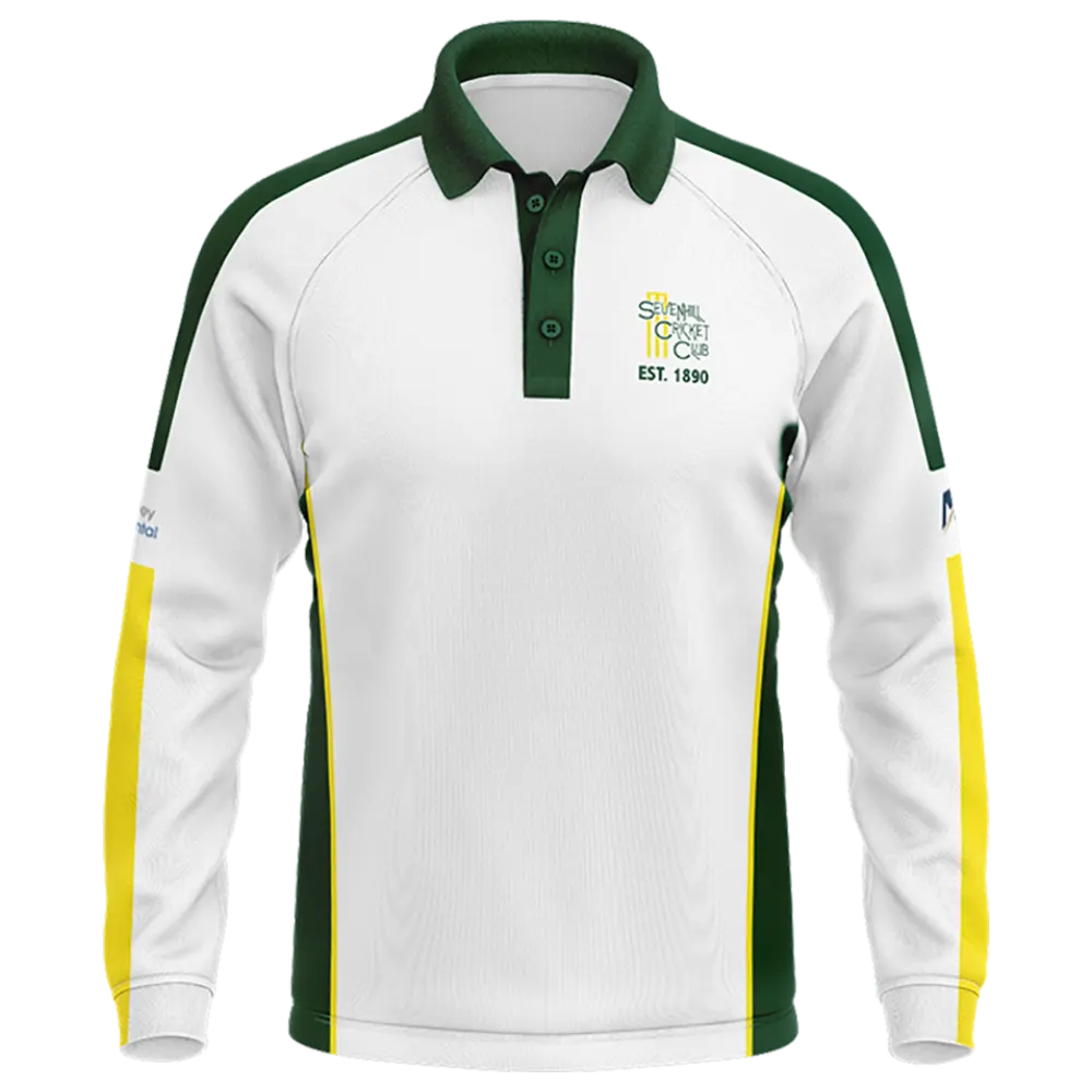 Sevenhill Cricket Club long sleeve polo front view with club logo and green and gold side panels