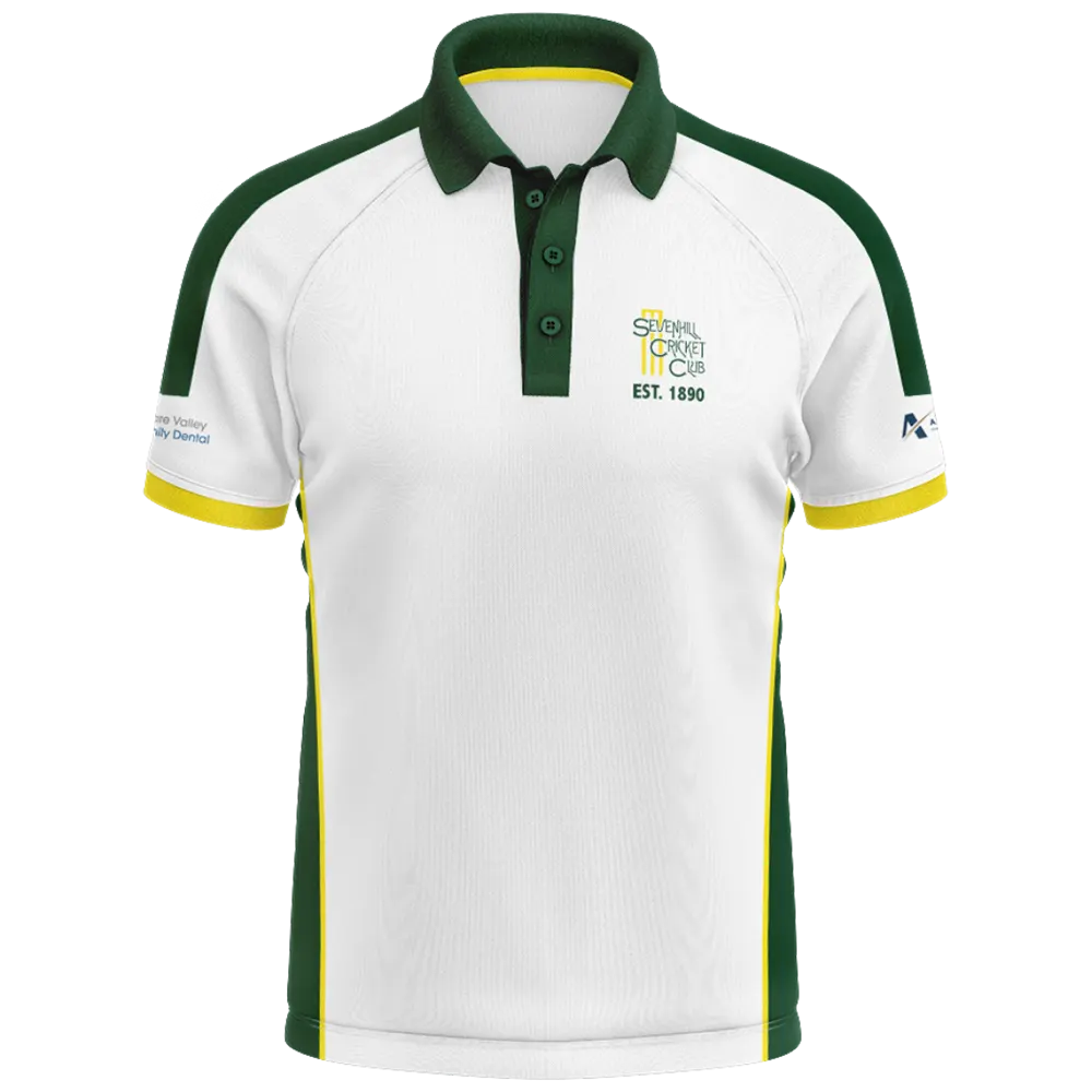 Sevenhill Cricket Club polo front view with club logo and green and gold side panels