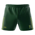 Sevenhill Cricket Club green credit shorts front view with club logo and yellow mesh panel
