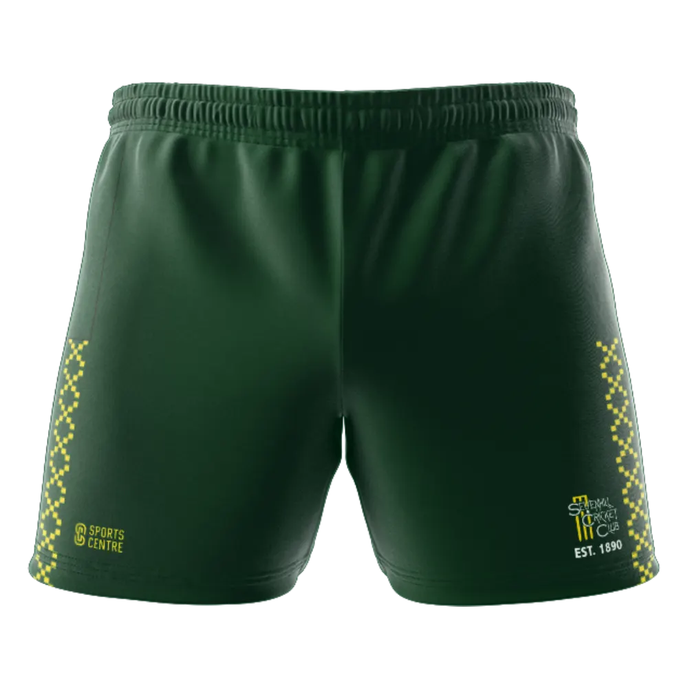 Sevenhill Cricket Club green credit shorts front view with club logo and yellow mesh panel
