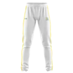 Sevenhill Cricket Club track pants front view with club logo and yellow leg piping