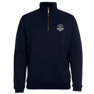 Lutheran Tennis Club Zip Sweat in Navy with antique brass half-zip