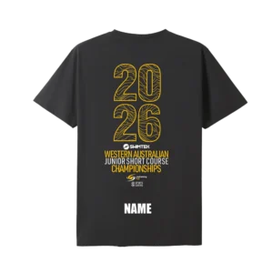 Back view of Swimtek WA Junior Short Course Championships 2026 Tee