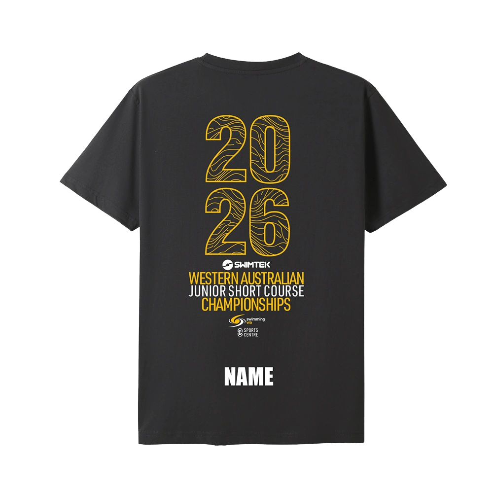 Back view of Swimtek WA Junior Short Course Championships 2026 Tee