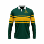 WDCC Rugby Top, front view with club logo and gold sleeve stripes