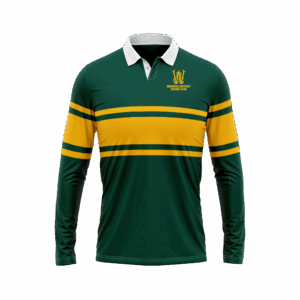 WDCC Rugby Top, front view with club logo and gold sleeve stripes
