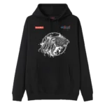 Whyalla Volleyball Association black hoodie front view with cuttlefish print, club logos and kangaroo pocket