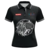 Whyalla Volleyball Association ladies polo front view in black with cuttlefish artwork and club logos