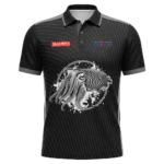 Whyalla Volleyball Association mens polo front view in black with cuttlefish artwork and club logos