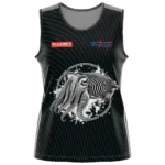 Whyalla Volleyball Association ladies singlet front view in black with cuttlefish artwork and club logos