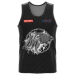 Whyalla Volleyball Association mens singlet front view in black with cuttlefish artwork and club logos