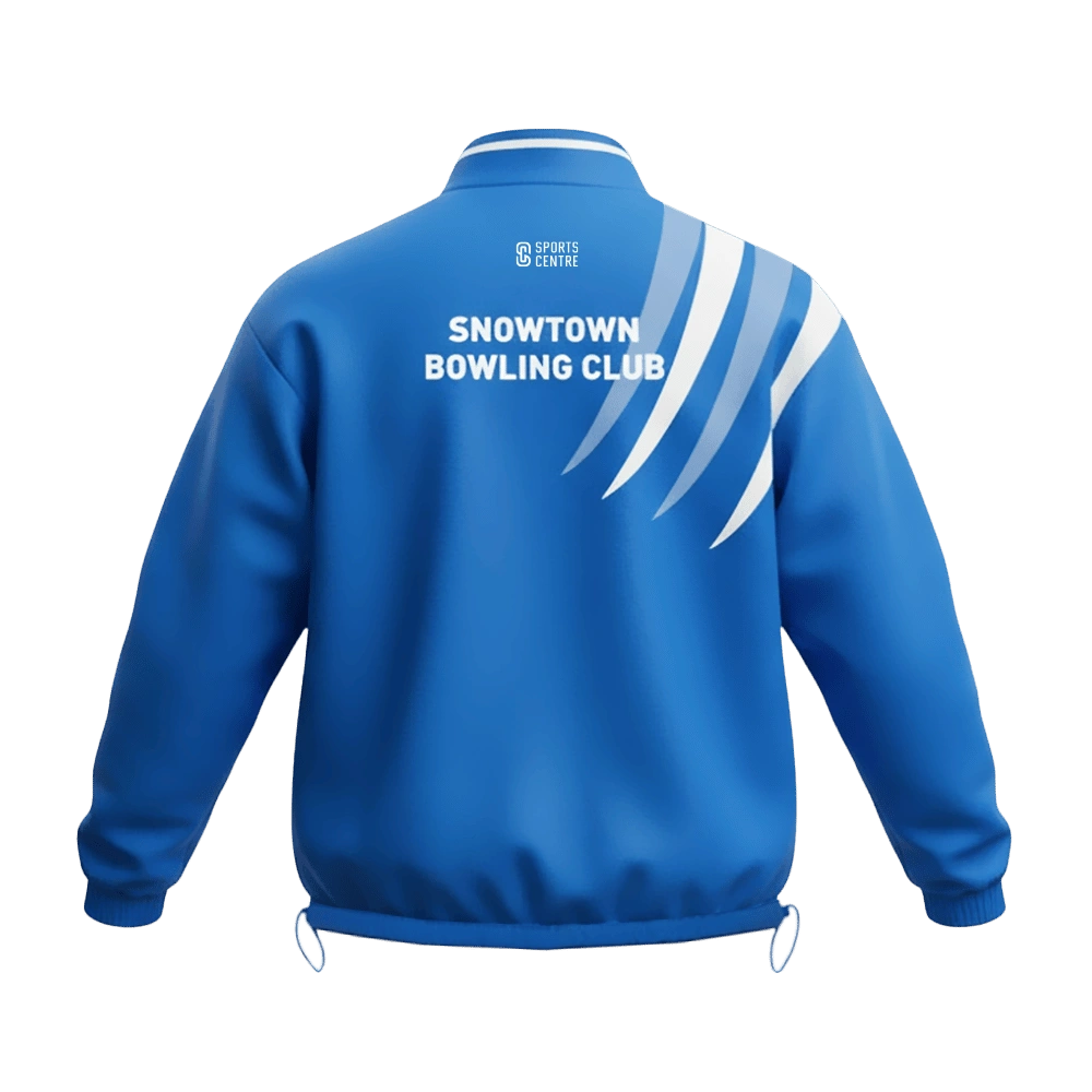 Snowtown Bowling Club jacket back in royal blue with Snowtown Bowling Club printed across the upper back
