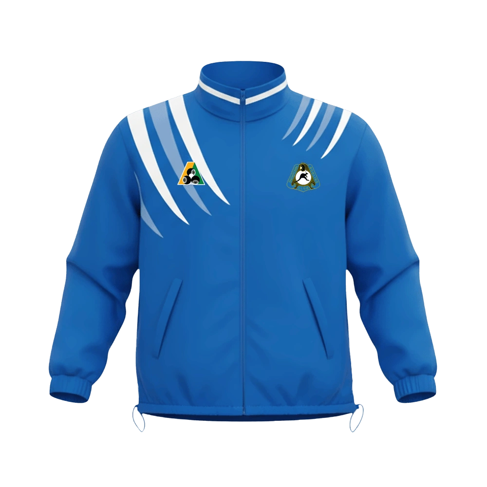 Snowtown Bowling Club jacket front in royal blue with light blue and white sleeve design and club logos on both chests