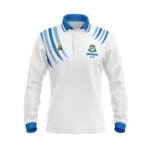 Snowtown Bowling Club long sleeve polo front in white with royal blue shoulder design and club logos on both chests