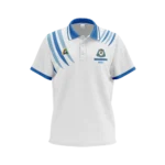 Snowtown Bowling Club polo front in white with royal blue and light blue shoulder design and club logos on both chests